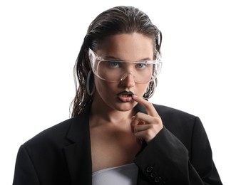 Photo of Beautiful young woman with black lip liner wearing glasses on white background
