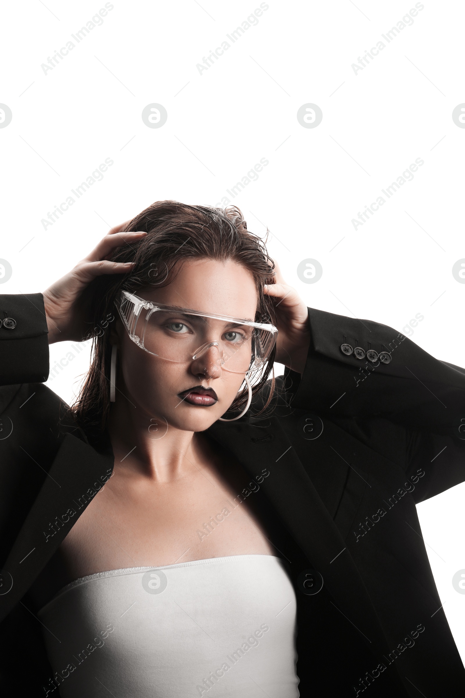 Beautiful young woman with black lip liner wearing glasses on white background Photo of Beautiful young woman with black lip liner wearing glasses on white background