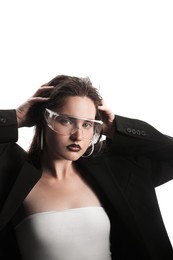 Photo of Beautiful young woman with black lip liner wearing glasses on white background
