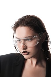Photo of Beautiful young woman with black lip liner wearing glasses on white background