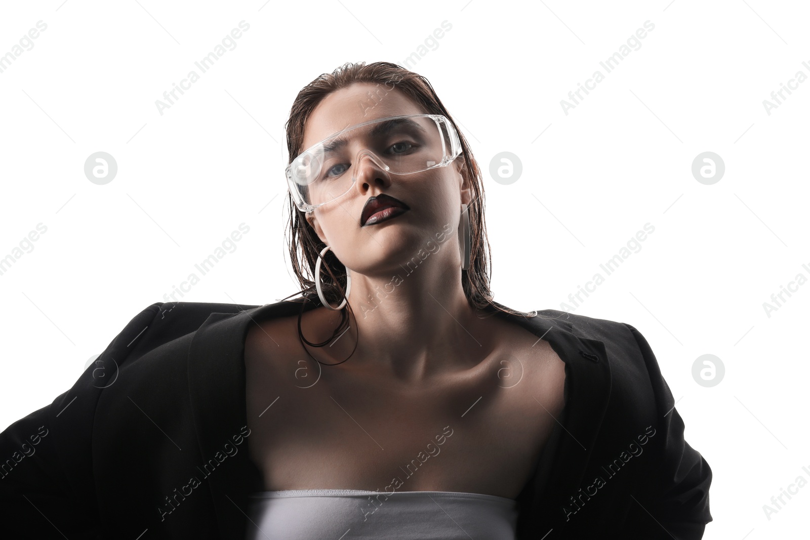 Beautiful young woman with black lip liner wearing glasses on white background Photo of Beautiful young woman with black lip liner wearing glasses on white background