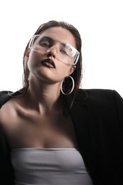 Photo of Beautiful young woman with black lip liner wearing glasses on white background