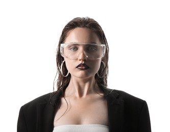 Photo of Beautiful young woman with black lip liner wearing glasses on white background