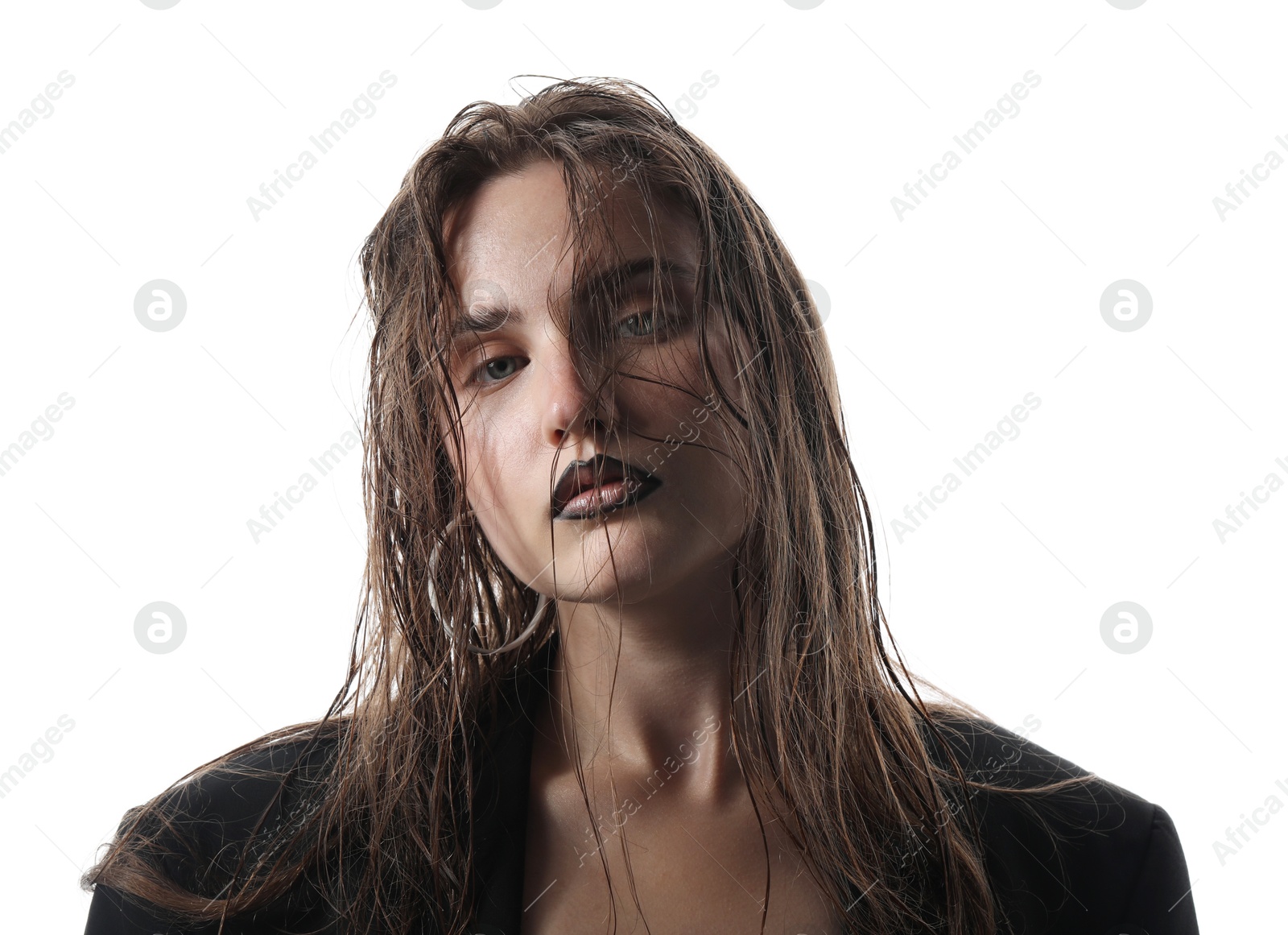 Beautiful young woman with black lip liner wearing stylish earrings on white background Photo of Beautiful young woman with black lip liner wearing stylish earrings on white background