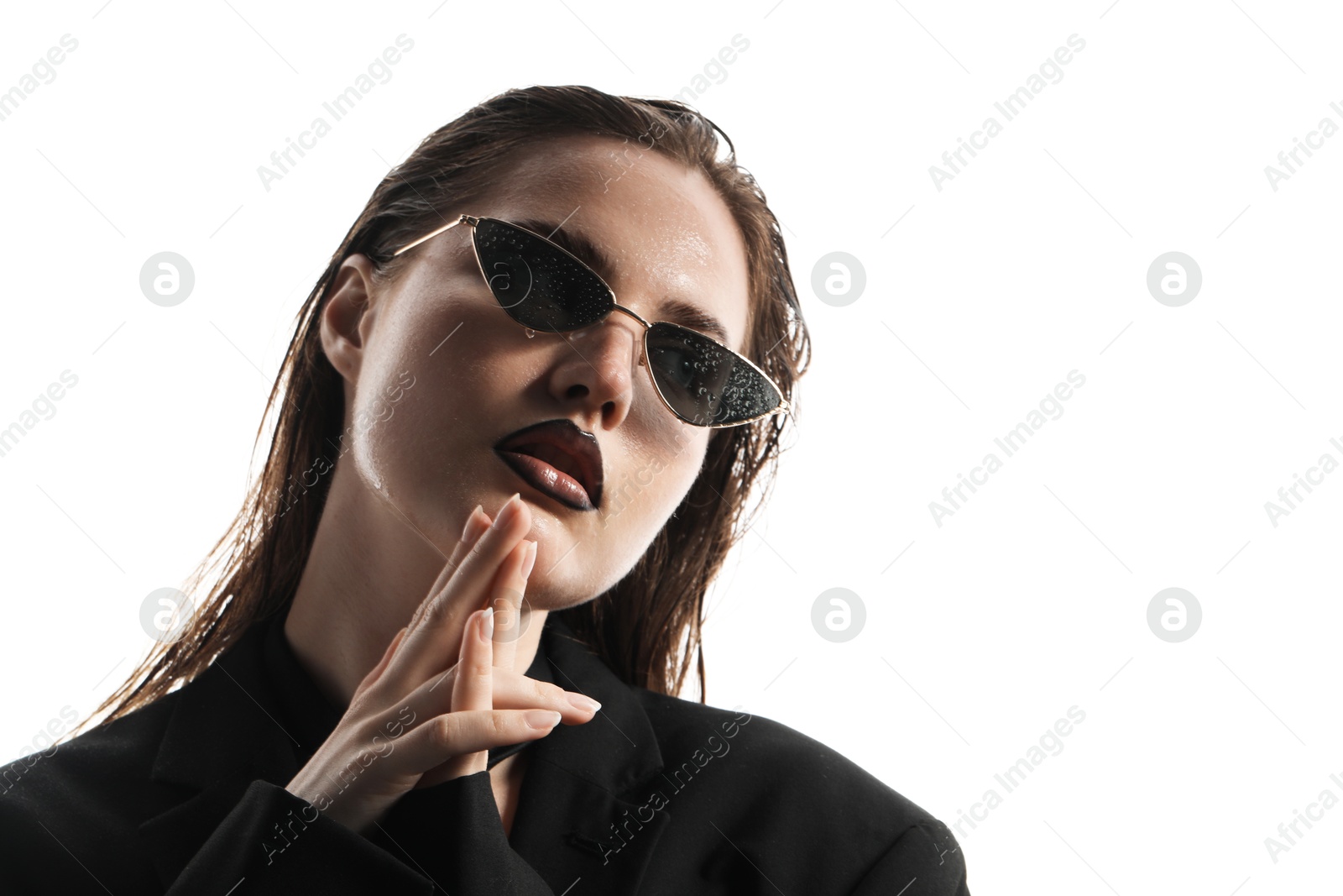 Beautiful young woman with black lip liner wearing wet sunglasses on white background Photo of Beautiful young woman with black lip liner wearing wet sunglasses on white background