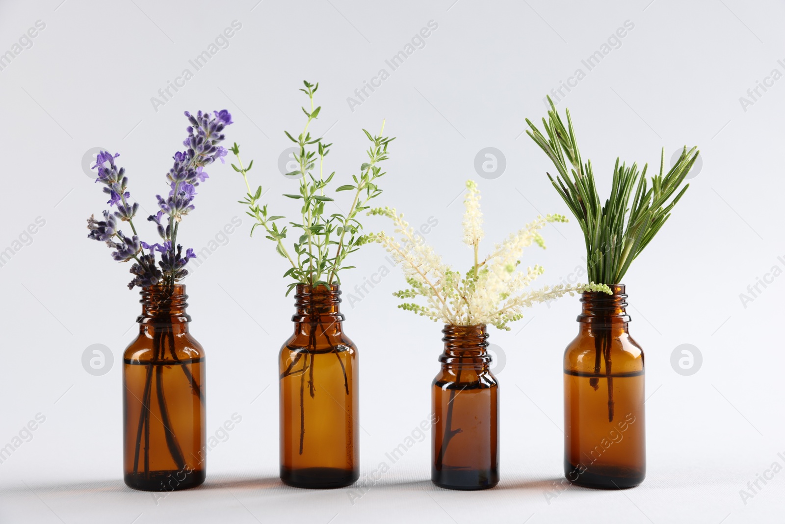 Photo of Essential oils with different plants in bottles on light grey background