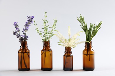 Photo of Essential oils with different plants in bottles on light grey background