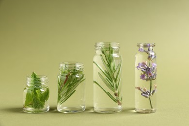 Photo of Essential oils with different plants in bottles on green background
