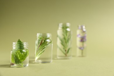Photo of Essential oils with different plants in bottles on green background, selective focus