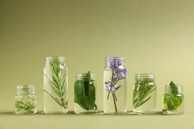 Photo of Essential oils with different plants in bottles on green background