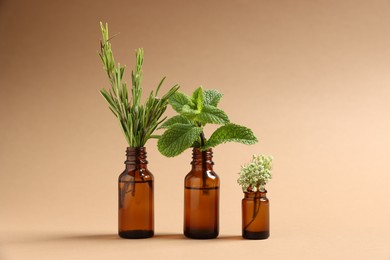 Photo of Essential oils with different plants in bottles on beige background