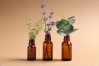 Photo of Essential oils with different plants in bottles on beige background