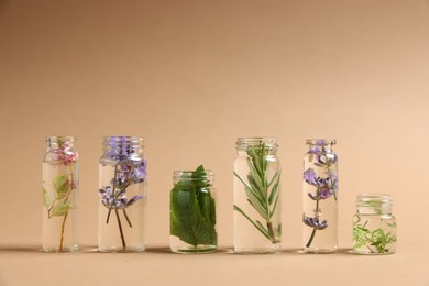 Photo of Essential oils with different plants in bottles on beige background