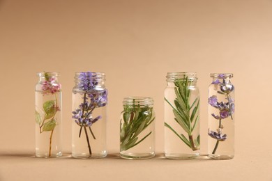 Photo of Essential oils with different plants in bottles on beige background