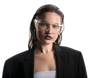Photo of Beautiful young woman with black lip liner wearing glasses on white background