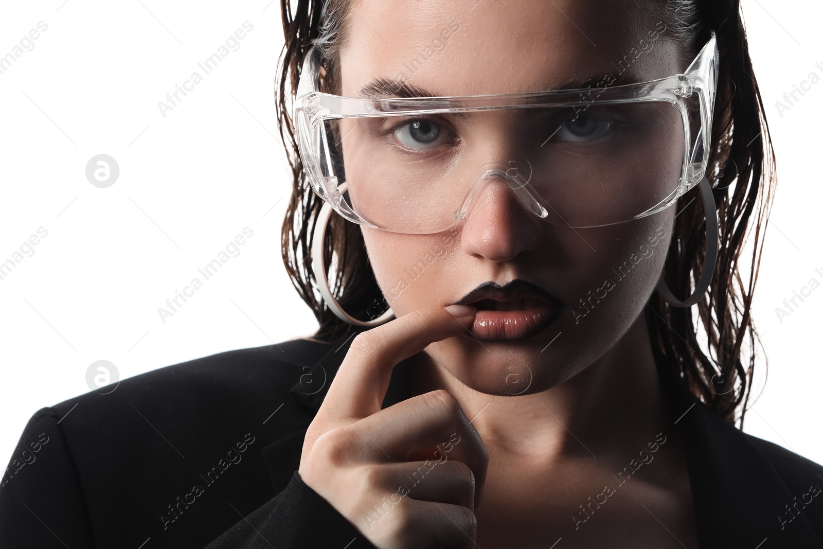 Beautiful young woman with black lip liner wearing glasses on white background, closeup Photo of Beautiful young woman with black lip liner wearing glasses on white background, closeup