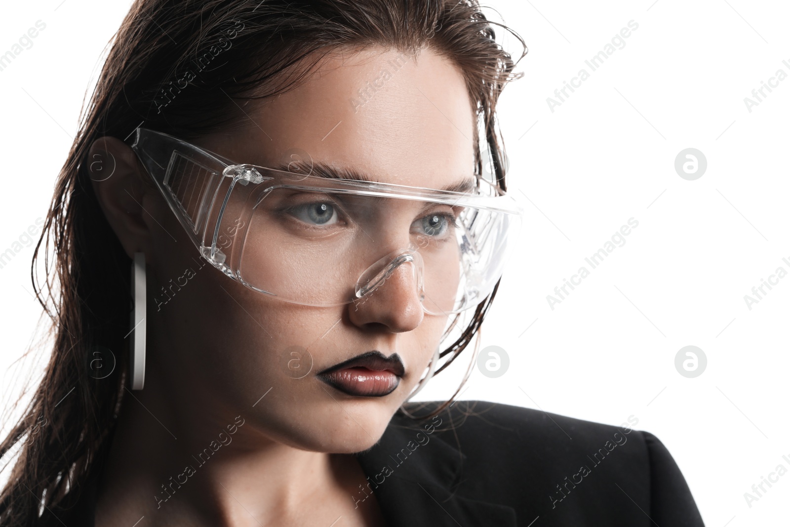 Beautiful young woman with black lip liner wearing glasses on white background, closeup Photo of Beautiful young woman with black lip liner wearing glasses on white background, closeup