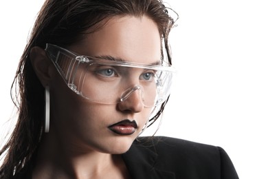Photo of Beautiful young woman with black lip liner wearing glasses on white background, closeup