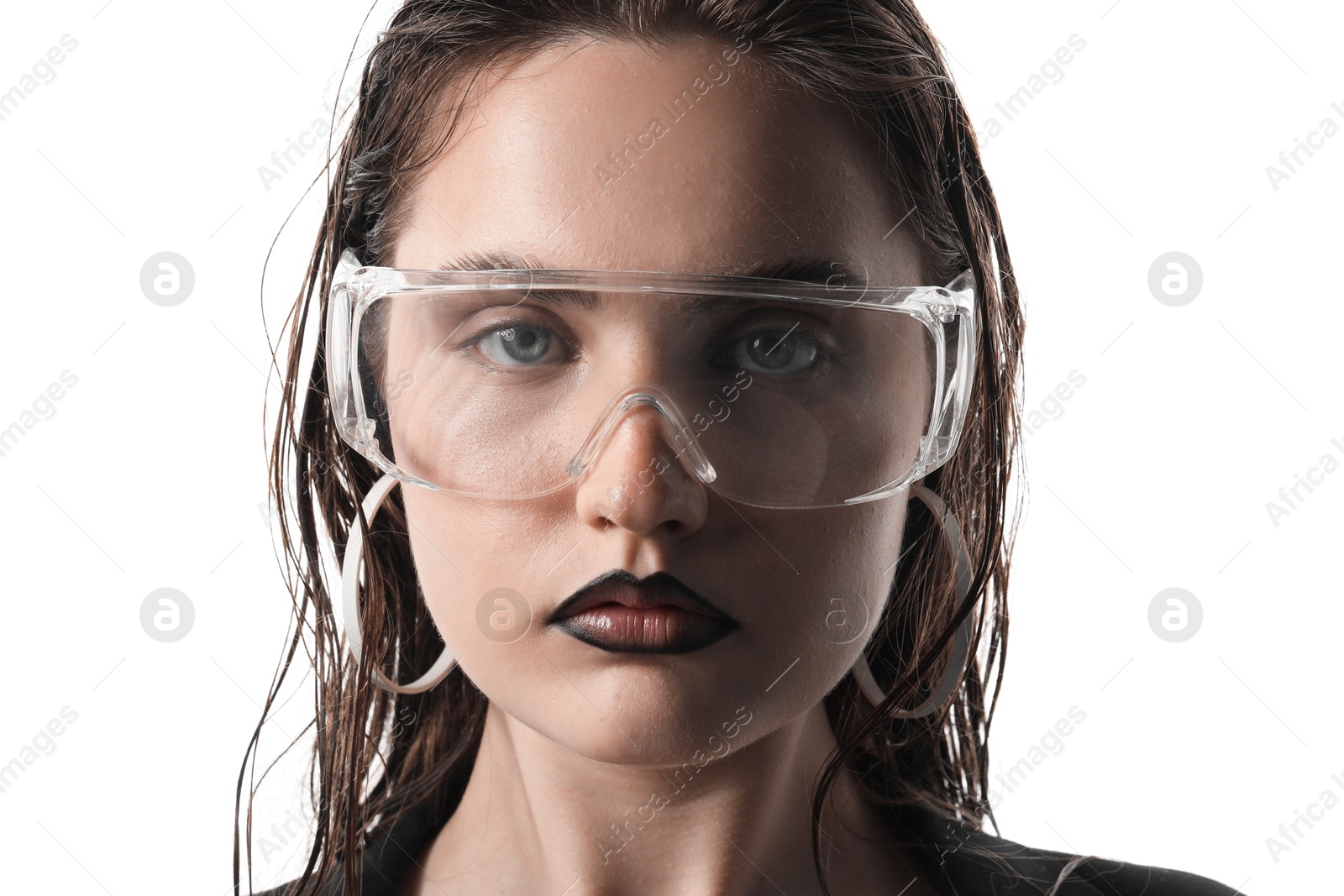 Beautiful young woman with black lip liner wearing glasses on white background Photo of Beautiful young woman with black lip liner wearing glasses on white background