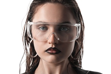 Photo of Beautiful young woman with black lip liner wearing glasses on white background