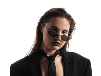 Photo of Beautiful young woman with black lip liner wearing wet sunglasses on white background