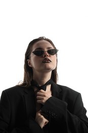 Photo of Beautiful young woman with black lip liner wearing wet sunglasses on white background