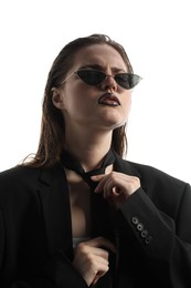 Photo of Beautiful young woman with black lip liner wearing wet sunglasses on white background