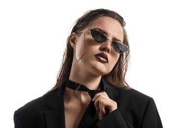 Photo of Beautiful young woman with black lip liner wearing wet sunglasses on white background
