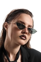 Photo of Beautiful young woman with black lip liner wearing wet sunglasses on white background