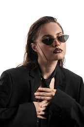 Photo of Beautiful young woman with black lip liner wearing wet sunglasses on white background