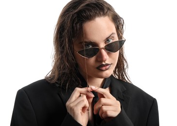 Photo of Beautiful young woman with black lip liner wearing wet sunglasses on white background