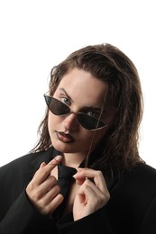 Photo of Beautiful young woman with black lip liner wearing wet sunglasses on white background