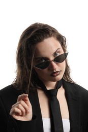 Photo of Beautiful young woman with black lip liner wearing wet sunglasses on white background