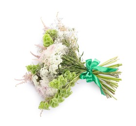 Photo of Bouquet of beautiful flowers isolated on white, top view