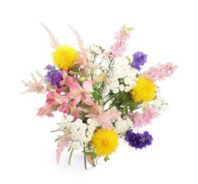 Photo of Bouquet of beautiful flowers isolated on white, top view