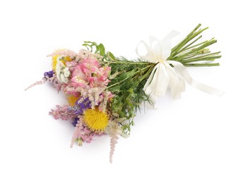Photo of Bouquet of beautiful flowers isolated on white, top view