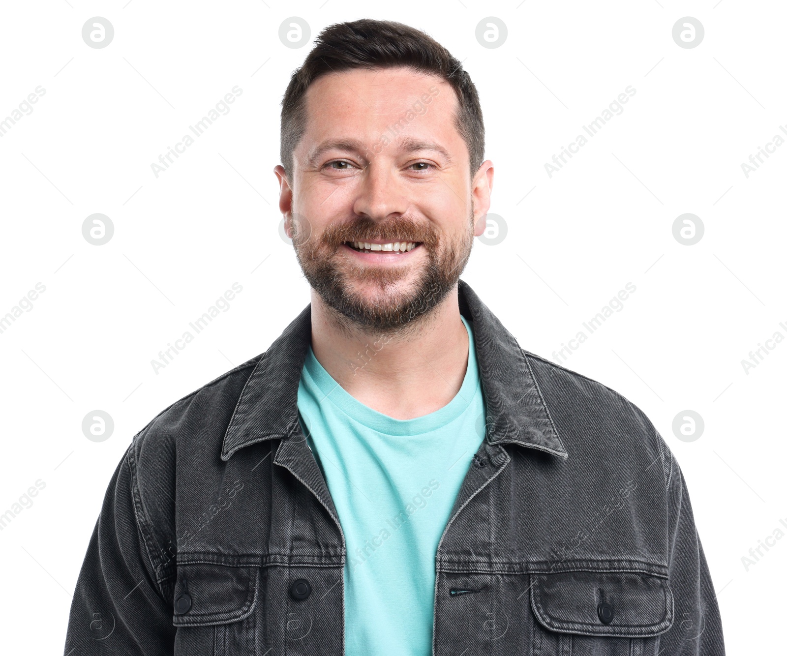 Photo of Handsome man laughing on white background. Positive emotion