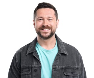 Photo of Handsome man laughing on white background. Positive emotion