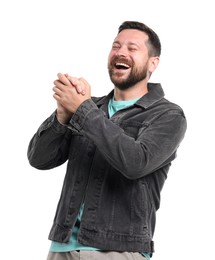 Photo of Handsome man laughing on white background. Positive emotion