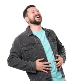 Photo of Handsome man laughing on white background. Positive emotion