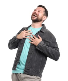 Photo of Handsome man laughing on white background. Positive emotion