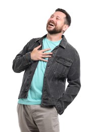 Photo of Handsome man laughing on white background. Positive emotion