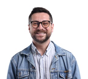 Photo of Handsome man laughing on white background. Positive emotion
