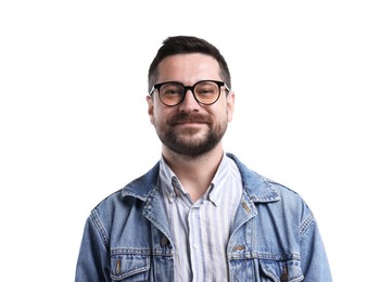 Photo of Handsome man smiling on white background. Positive emotion