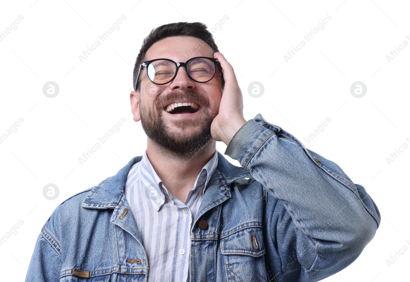 Photo of Handsome man laughing on white background. Positive emotion