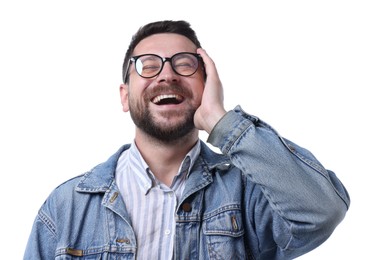 Photo of Handsome man laughing on white background. Positive emotion