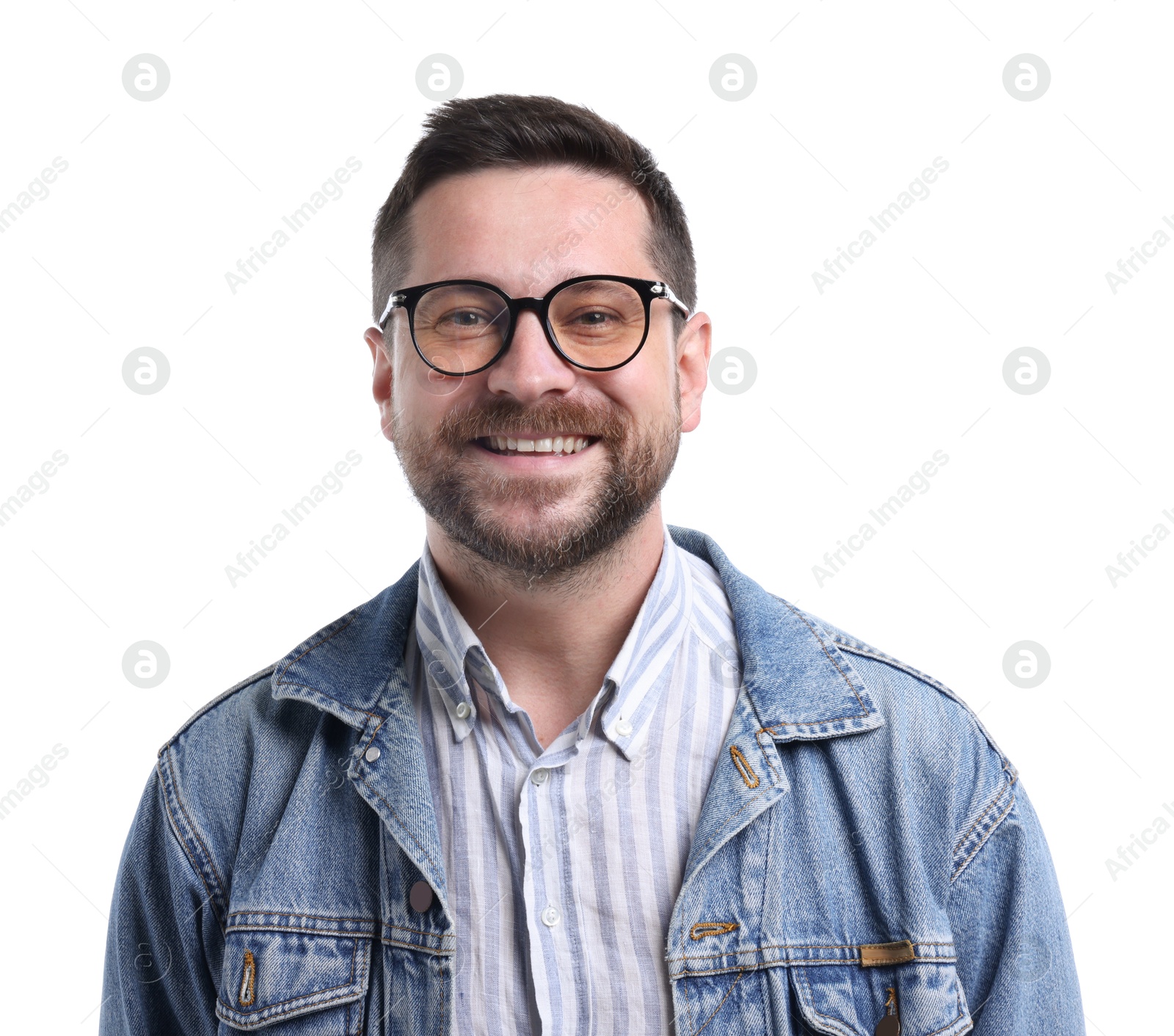 Photo of Handsome man laughing on white background. Positive emotion