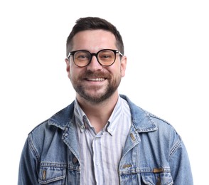 Photo of Handsome man laughing on white background. Positive emotion