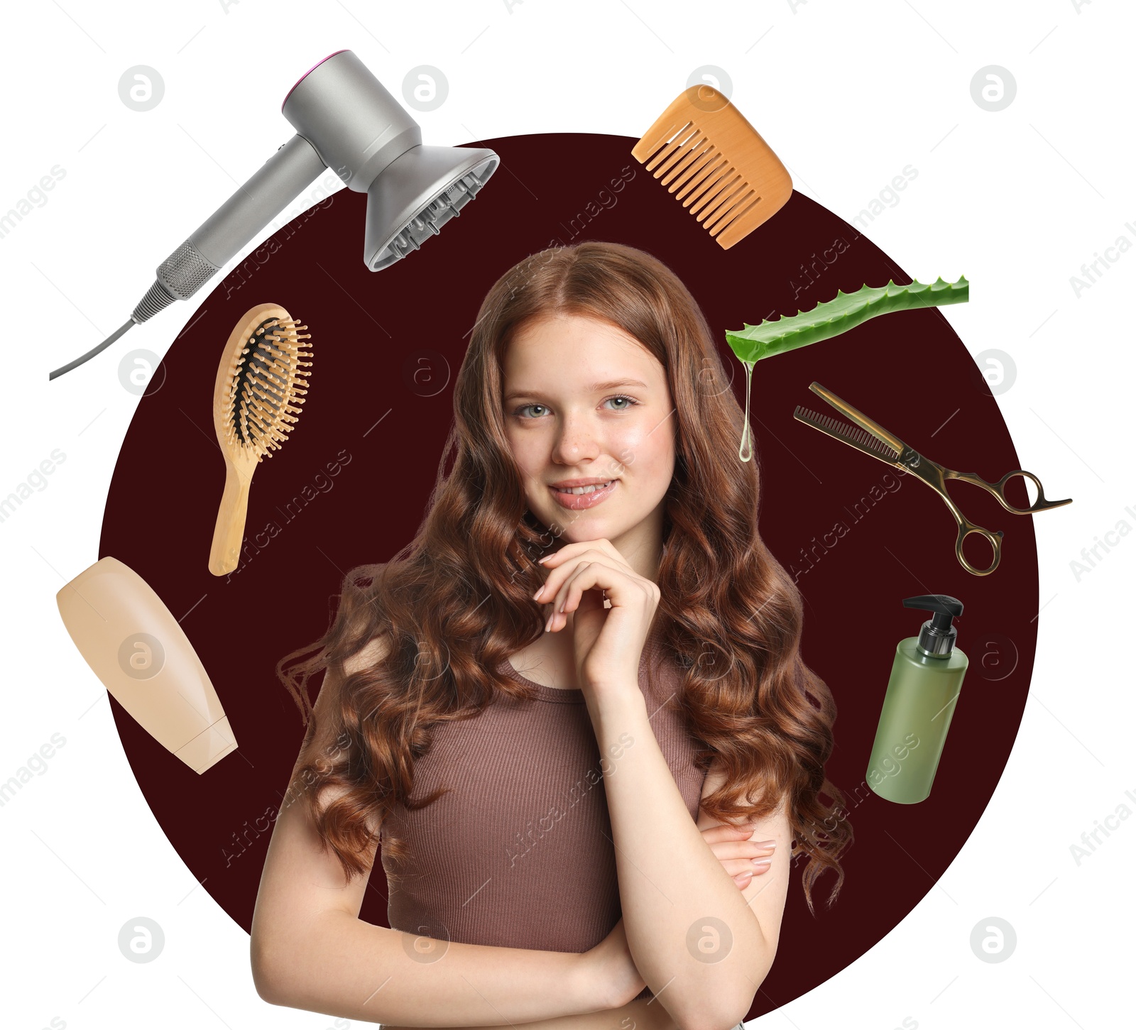 Young girl with beautiful hair on color background. Different hair care products and tools flying around her Image of Young girl with beautiful hair on color background. Different hair care products and tools flying around her