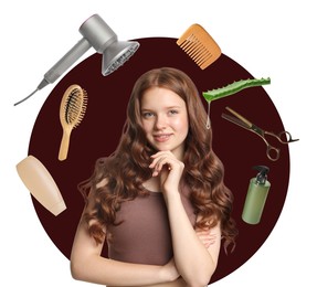 Image of Young girl with beautiful hair on color background. Different hair care products and tools flying around her